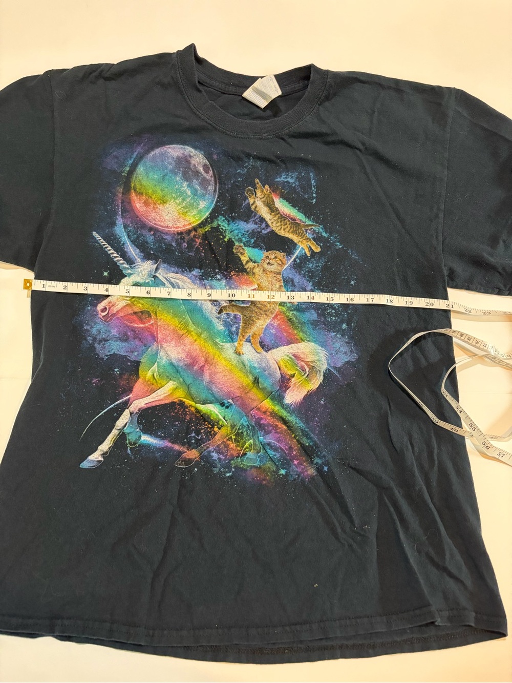 Cat Riding Unicorn Rainbow Galaxy Space Graphic T Shirt Large Black Funny - Picture 5 of 5